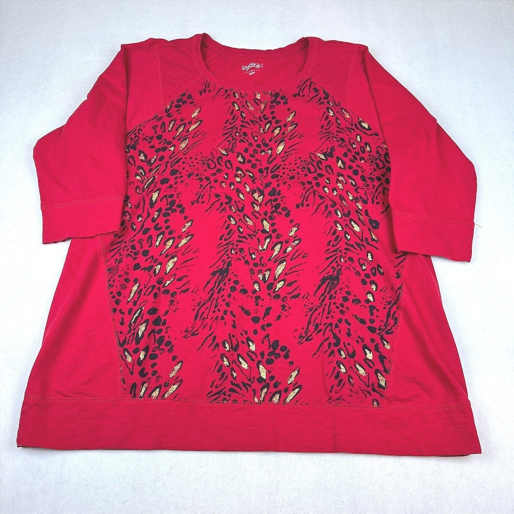 Style & Co Sport Woman Red Leopard Print Gold Foil 3/4 Sleeve Top 3X